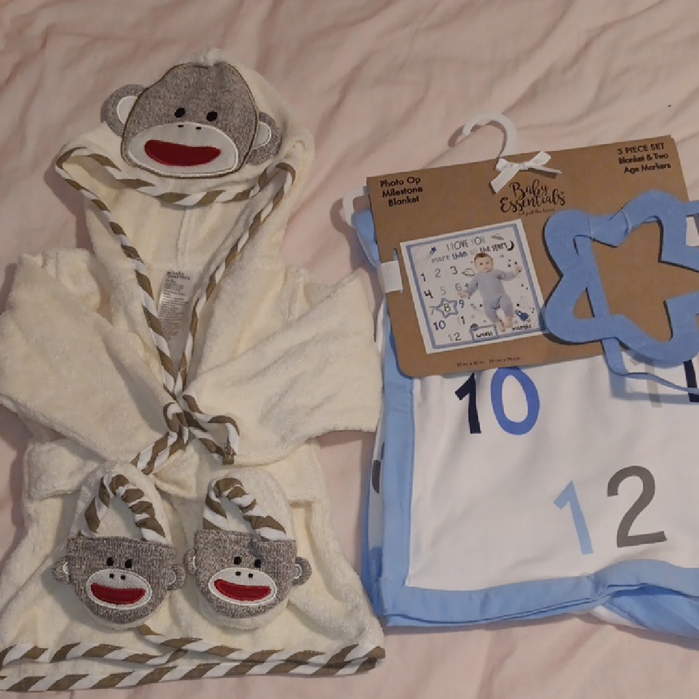 Baby Essentials Cream and Gray Sock Monkey Bath Set 0-9m And Milestone Blanket